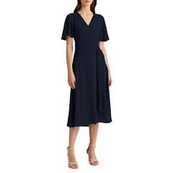 Lauren Ralph Lauren Georgette Flutter-Sleeve Midi Dress V-Neck Black Size 12